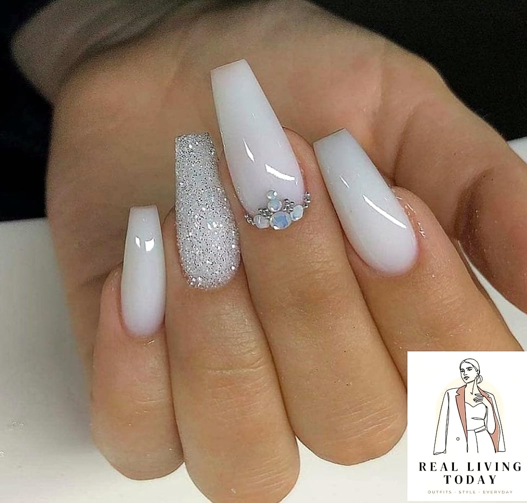 28 Holiday Press On Nails And Manicure Ideas Worth Bookmarking Right Now 17 All-White Nails with Crystal Accents