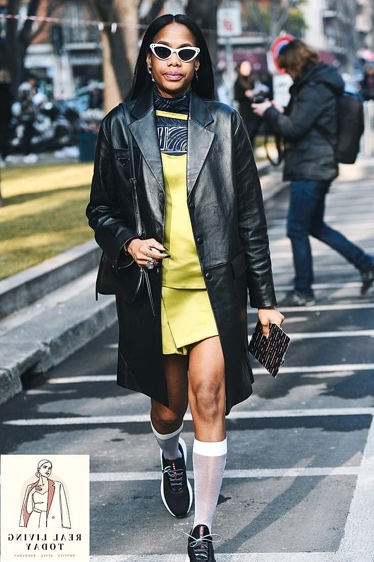 24 Leather Jacket Outfit You'll Want to Wear on Repeat 11 Athletic Dress and Leather Jacket Combo