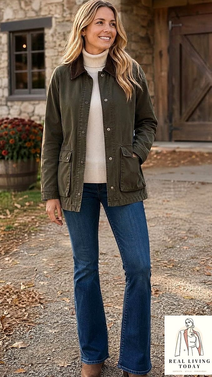 22 Barn Jacket Outfits You'll Want to Wear on Repeat 3 Barn Jacket Over a Turtleneck