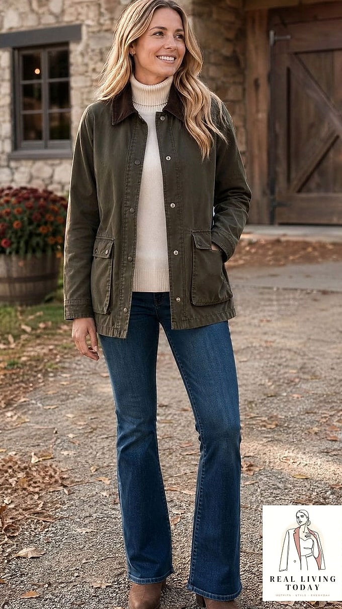 22 Barn Jacket Outfits You'll Want to Wear on Repeat 20 Barn Jacket With a Turtleneck Dress