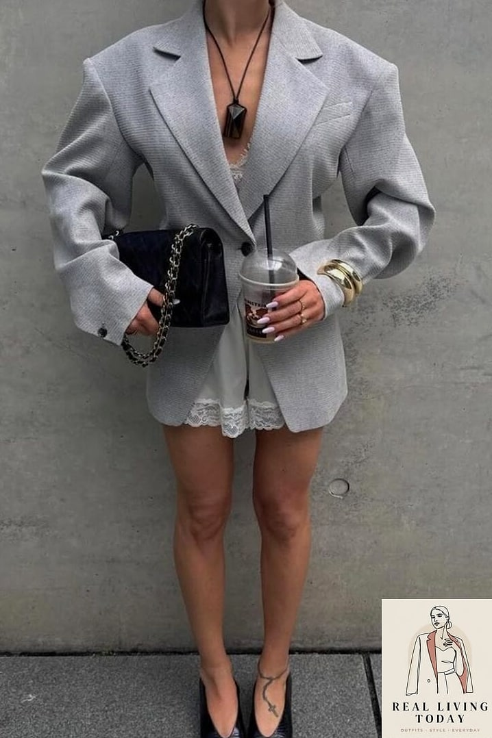 26 Satin Lace Shorts Outfit That Will Elevate Any Wardrobe 21 Bold Blazer and Bare Shoulders