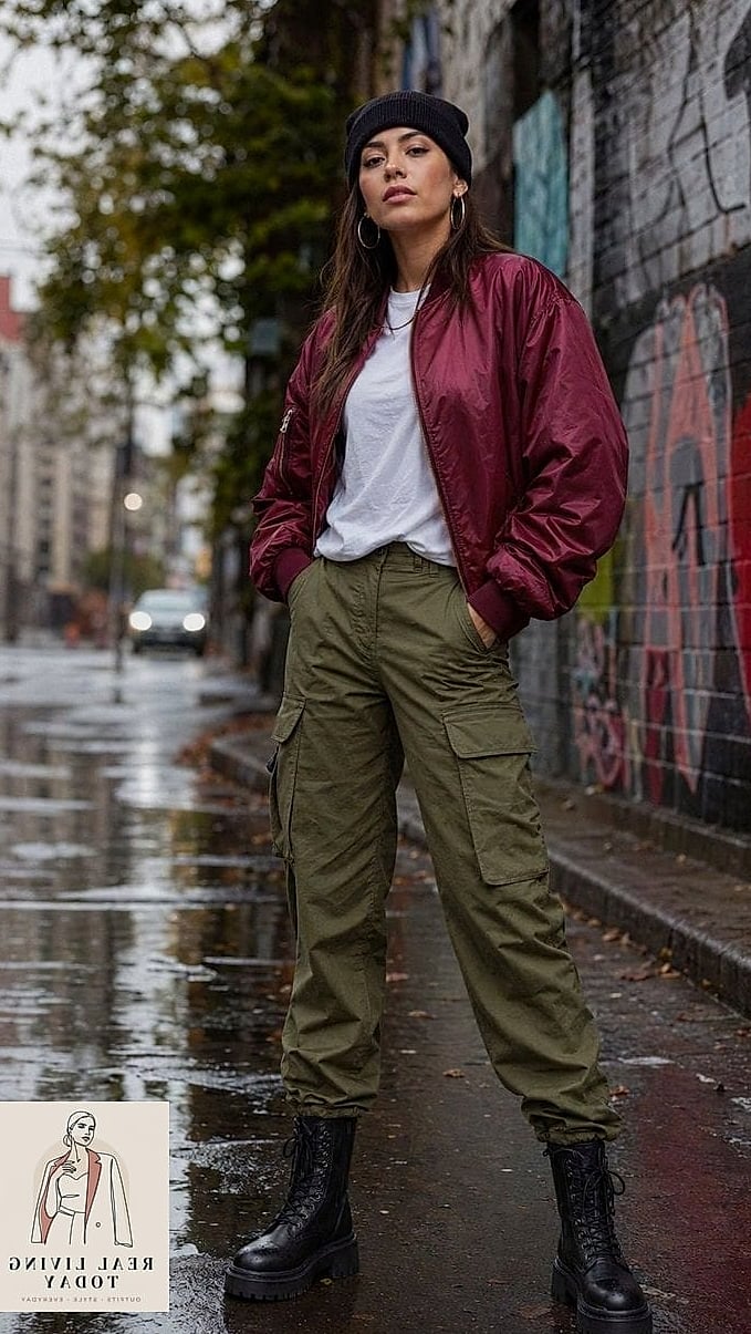 29 Rainy Day Outfit That Actually Look Amazing 10 Bomber Jacket and Bike Shorts Layered Look