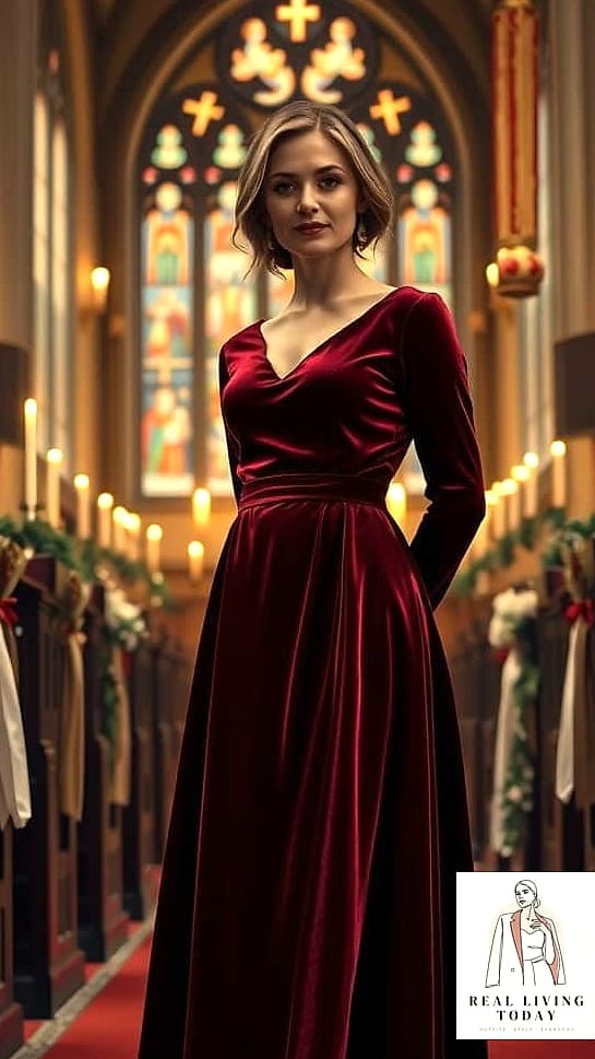28 Church Outfit That Look Effortlessly Chic 15 A Burgundy Velvet Dress for Holiday Services
