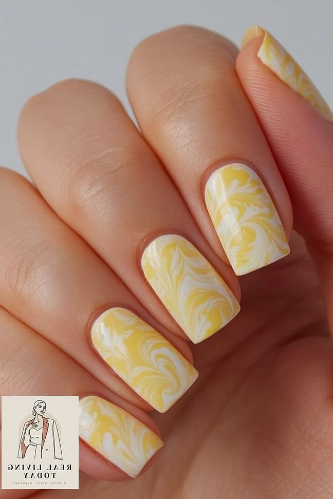 20 Butter Yellow Nails Worth Bookmarking Right Now 10 Butter Yellow and White Swirl Nails