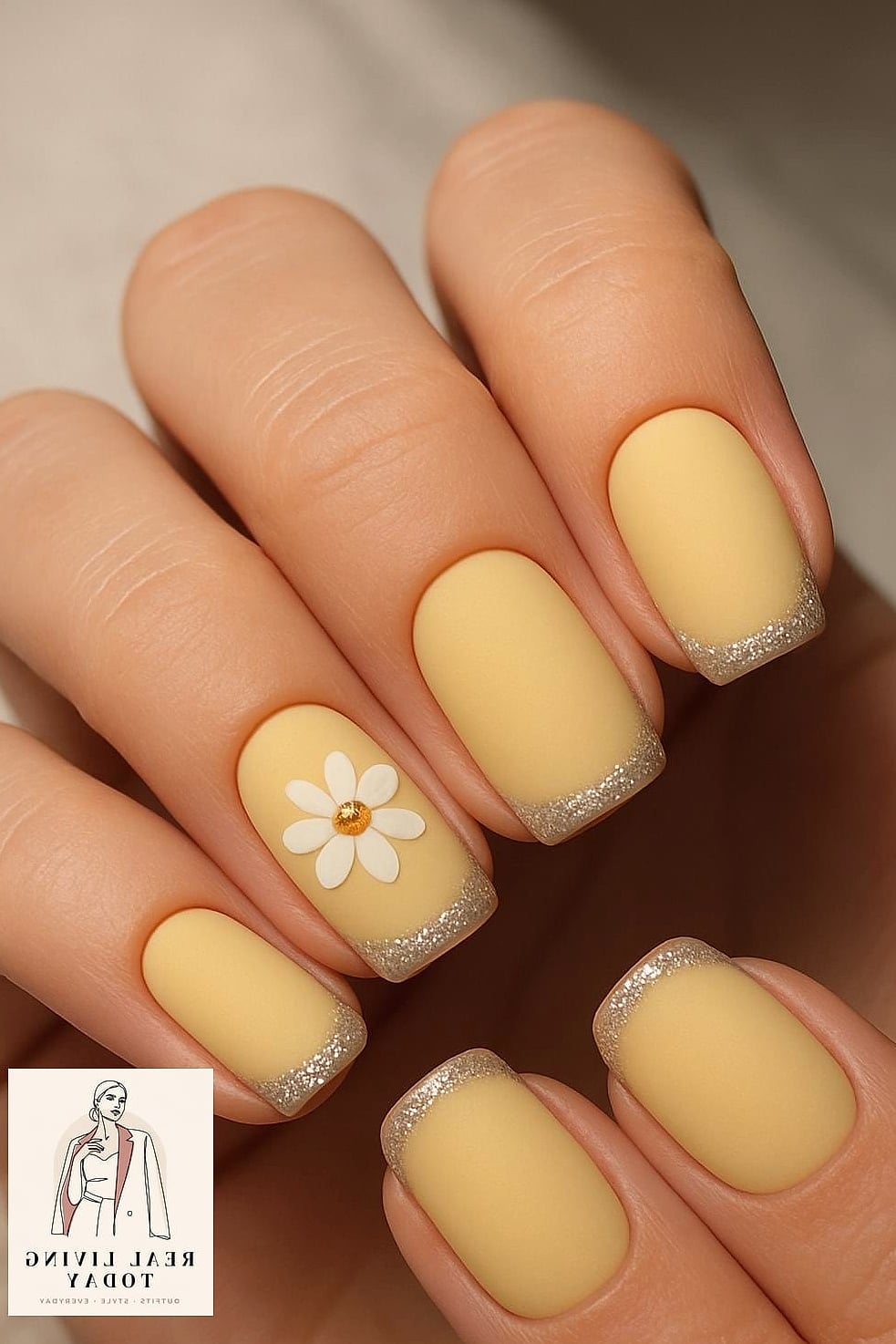 20 Butter Yellow Nails Worth Bookmarking Right Now 11 Butter Yellow Nails with a Single Daisy Accent