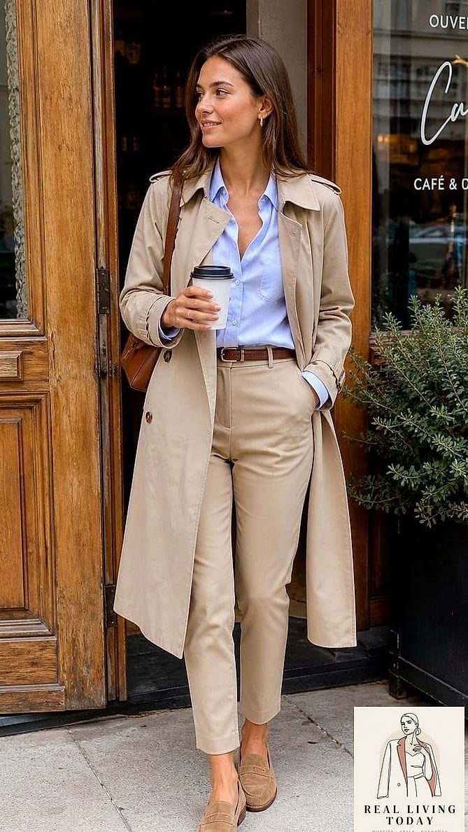 Button Down With a Trench Coat Layered Over It