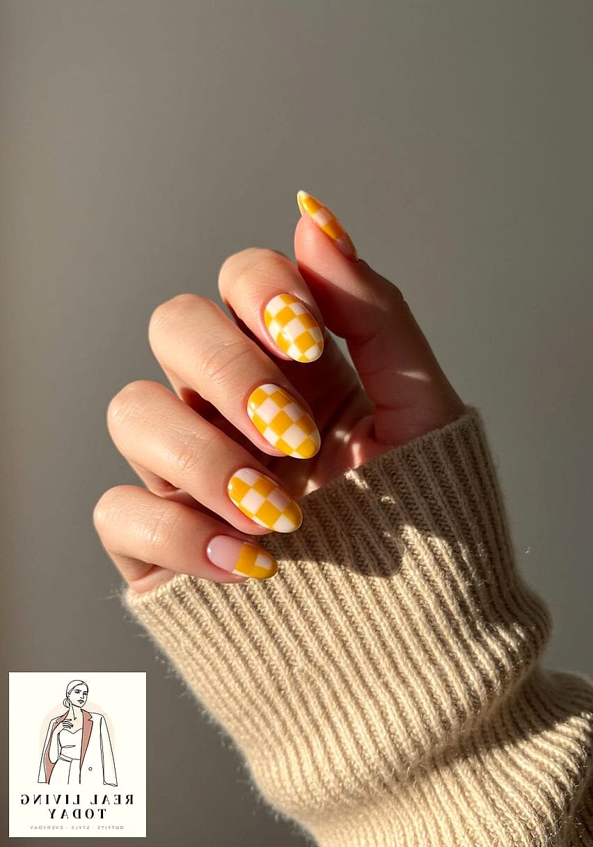20 Butter Yellow Nails Worth Bookmarking Right Now 9 Checkerboard Butter Yellow Nails