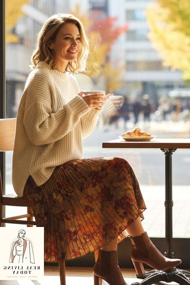 23 Fall Brunch Outfit That Look Effortlessly Chic 7 Chunky Knit Sweater and Mini Skirt