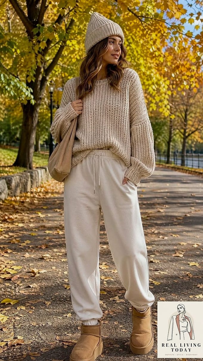 28 Track Pants Outfit You'll Want to Wear on Repeat 9 The Chunky Knit and Track Pants Pairing