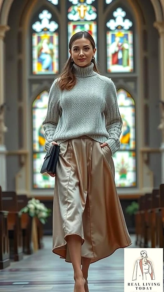 28 Church Outfit That Look Effortlessly Chic 23 A Chunky Knit Sweater with a Pleated Skirt