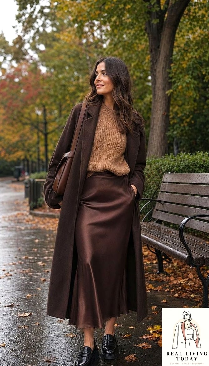 29 Rainy Day Outfit That Actually Look Amazing 5 Chunky Knit Sweater with a Midi Skirt