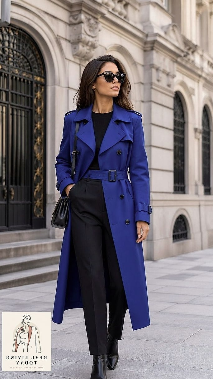 22 Trench Coat Outfit Worth Pinning Immediately 19 Cobalt Blue Trench for a Pop of Color