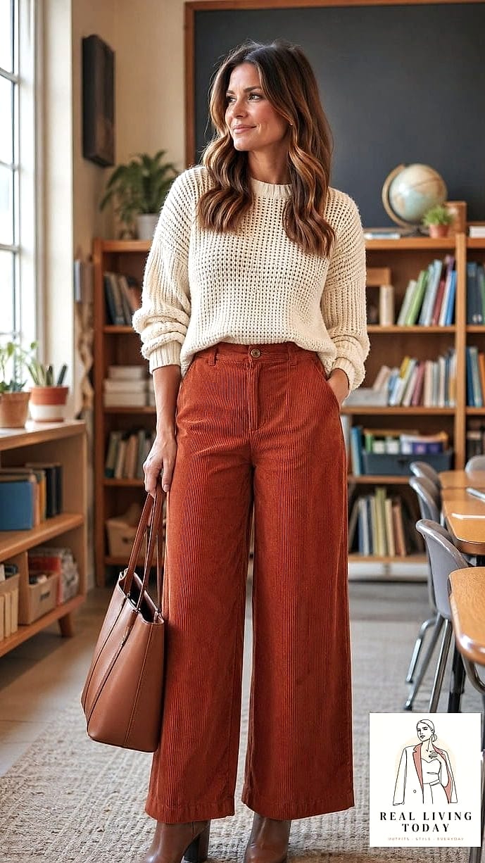 30 Teacher Outfit Ideas That Actually Look Amazing 8 Corduroy Pants and a Simple Sweater
