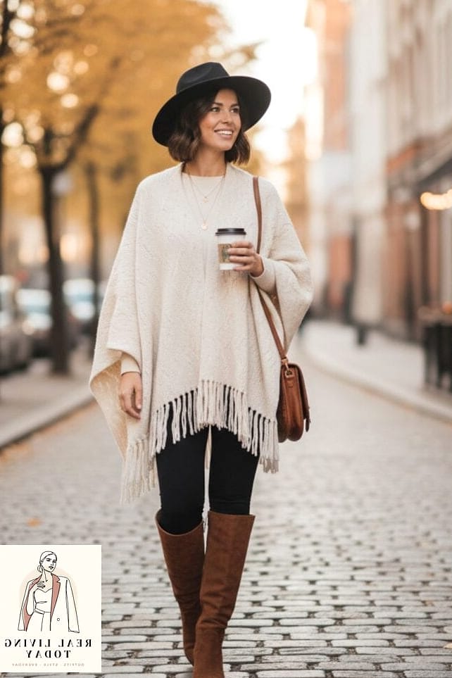30 Leggings Outfit Fall to Copy Right Now 24 The Cozy Knit Poncho Pairing