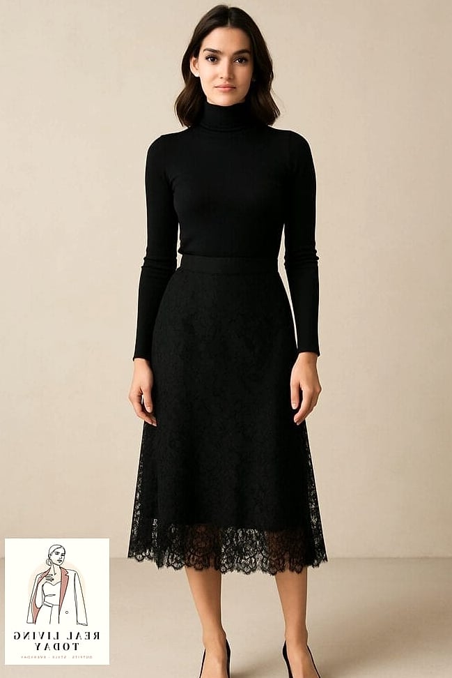 30 Outfits With Black Skirt That Are Seriously Stylish Right Now 3 Cozy Turtleneck and Midi Skirt