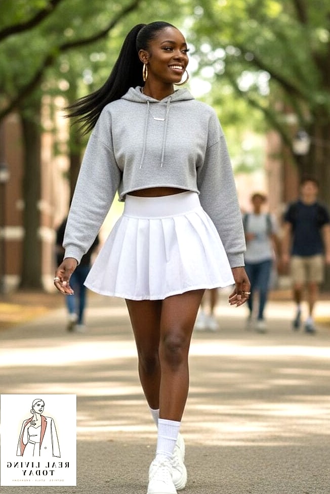 23 Tennis Skirt Outfit That Are Going Viral on Pinterest 5 Cropped Hoodie and Tennis Skirt Combo