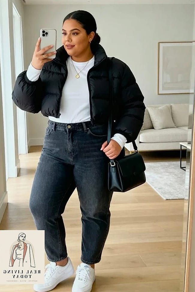 25 Sporty Chic Outfit Ideas That Look Effortlessly Put-Together 22 The Cropped Puffer and Bodycon Skirt Duo