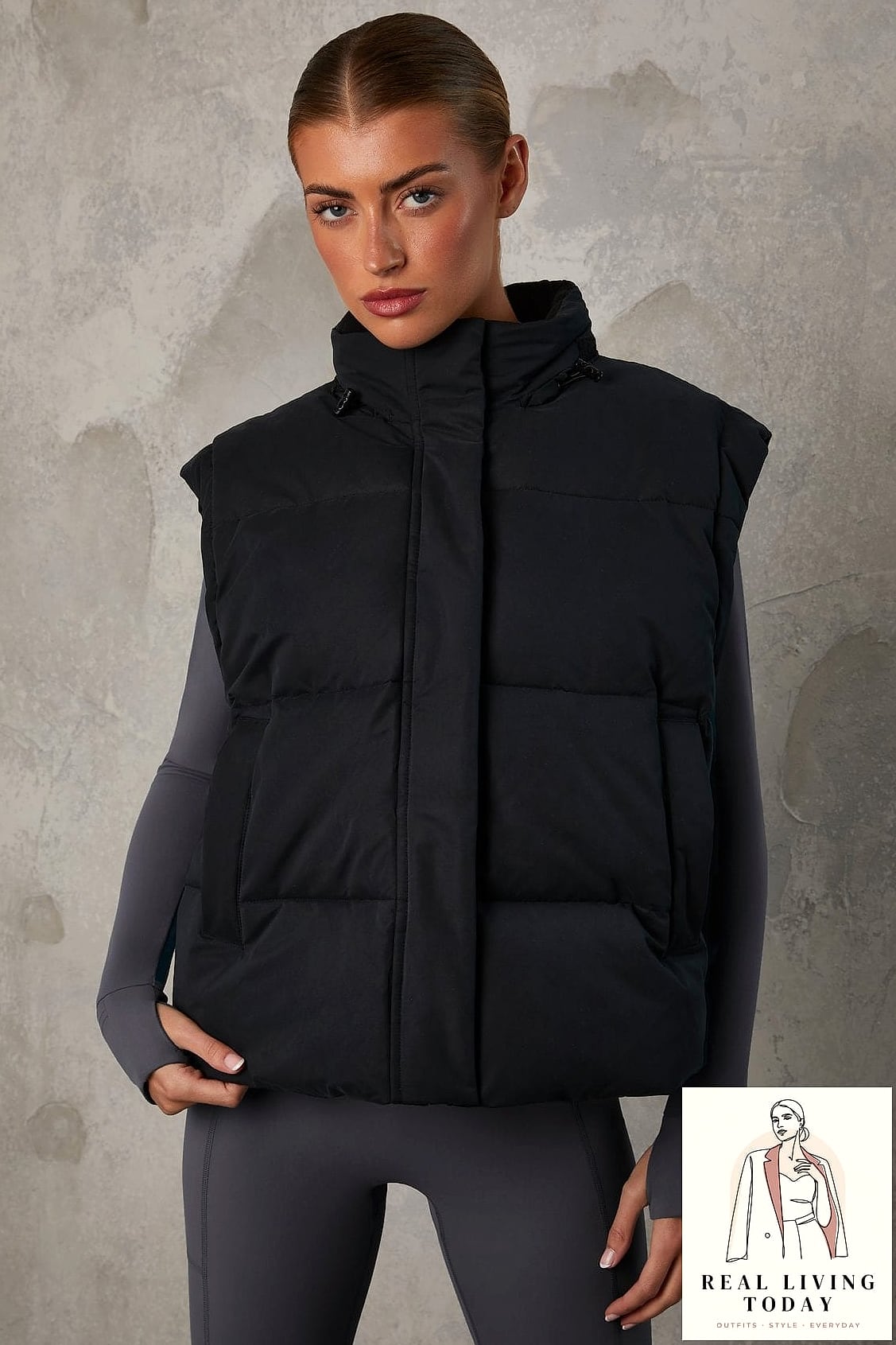 30 Outfits With Black Skirt That Are Seriously Stylish Right Now 17 Cropped Puffer Vest Over a Black Skirt and Tights