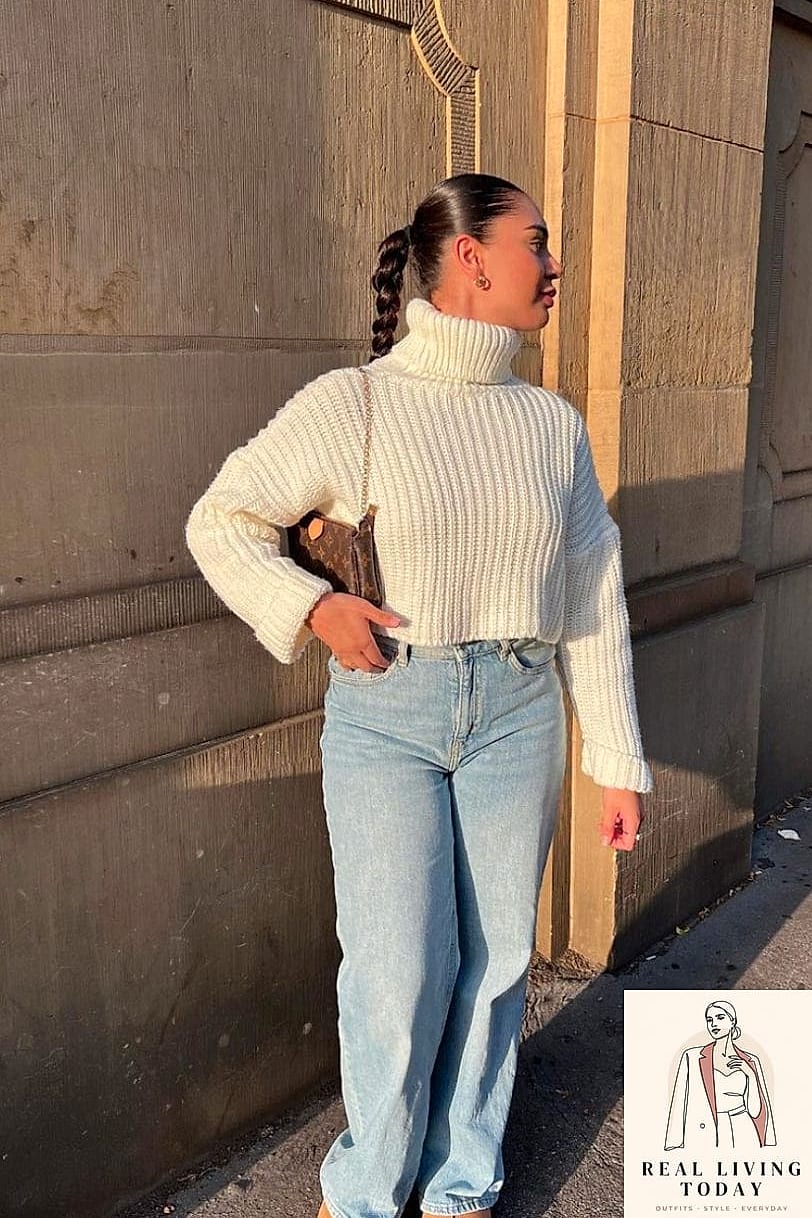 30 Dark Blue Jeans Outfit That Actually Look Amazing 8 Cropped Sweater and Statement Belt