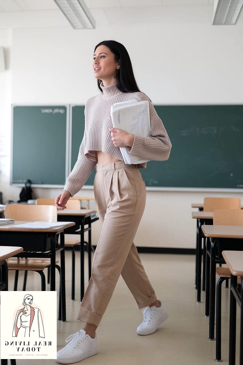 30 Teacher Outfit Ideas That Actually Look Amazing 26 The Cropped Sweater and High-Waisted Bottoms