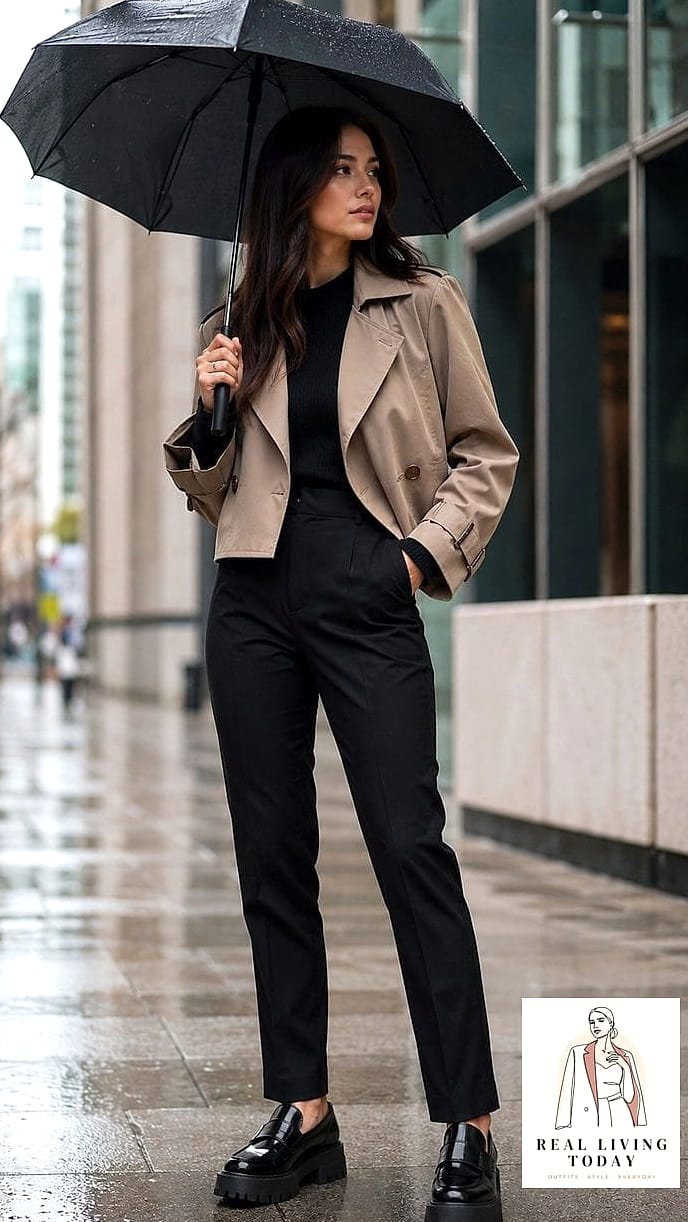 29 Rainy Day Outfit That Actually Look Amazing 14 Cropped Trench with Flare Jeans
