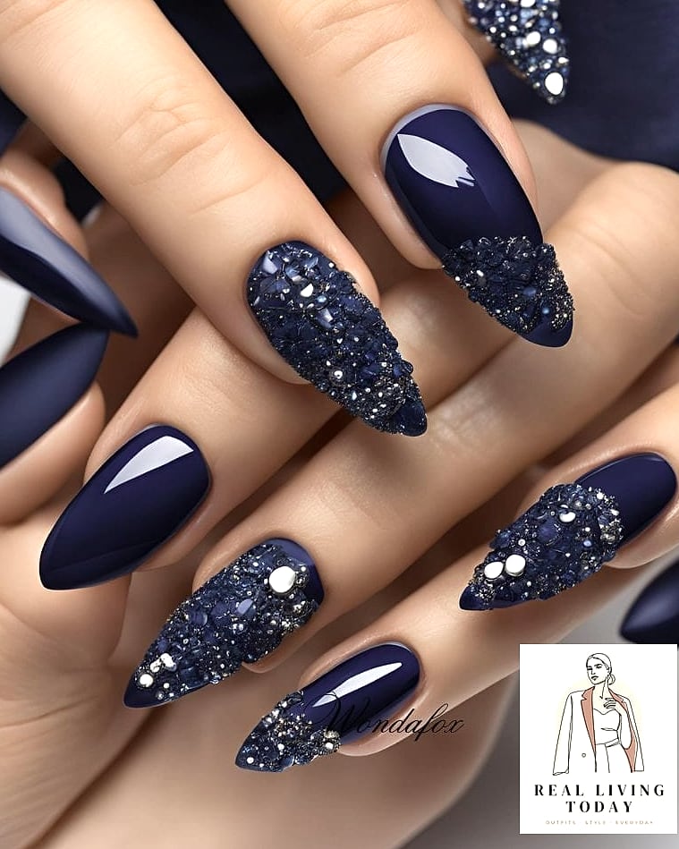 23 Blue Nail Ideas That Are Going Viral on Pinterest 4 Deep Navy Almond Nails