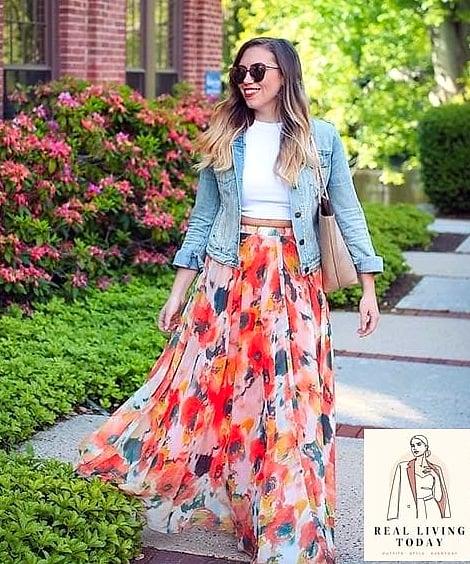 23 Floral Skirt Outfits You'll Want to Wear on Repeat 4 The Denim Jacket Layer