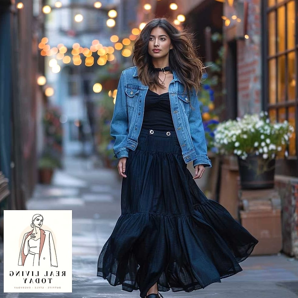 30 Outfits With Black Skirt That Are Seriously Stylish Right Now 7 Denim Jacket Over a Black Skirt Dress