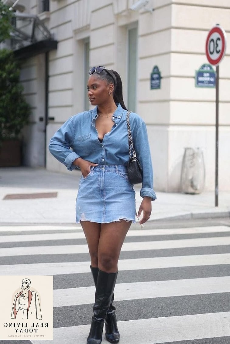 23 Short Skirt Outfits to Copy Right Now 9 Denim Mini and Cowboy Boots