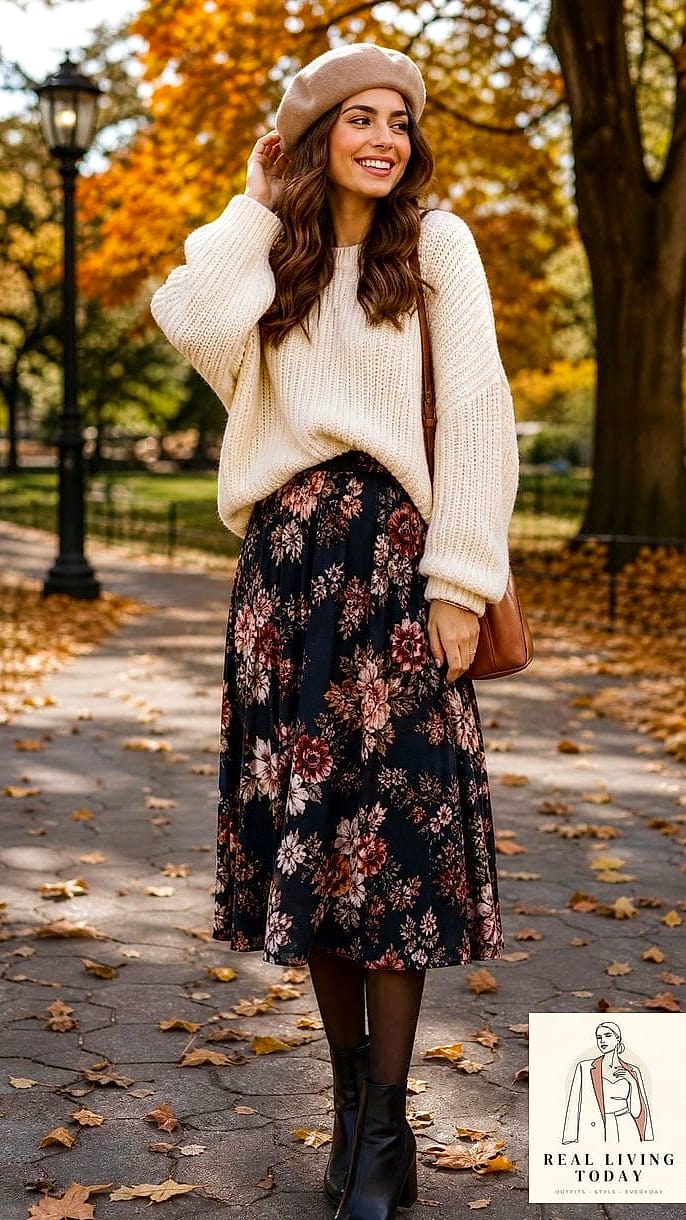 23 Floral Skirt Outfits You'll Want to Wear on Repeat 3 Floral Skirt With a Chunky Knit Sweater