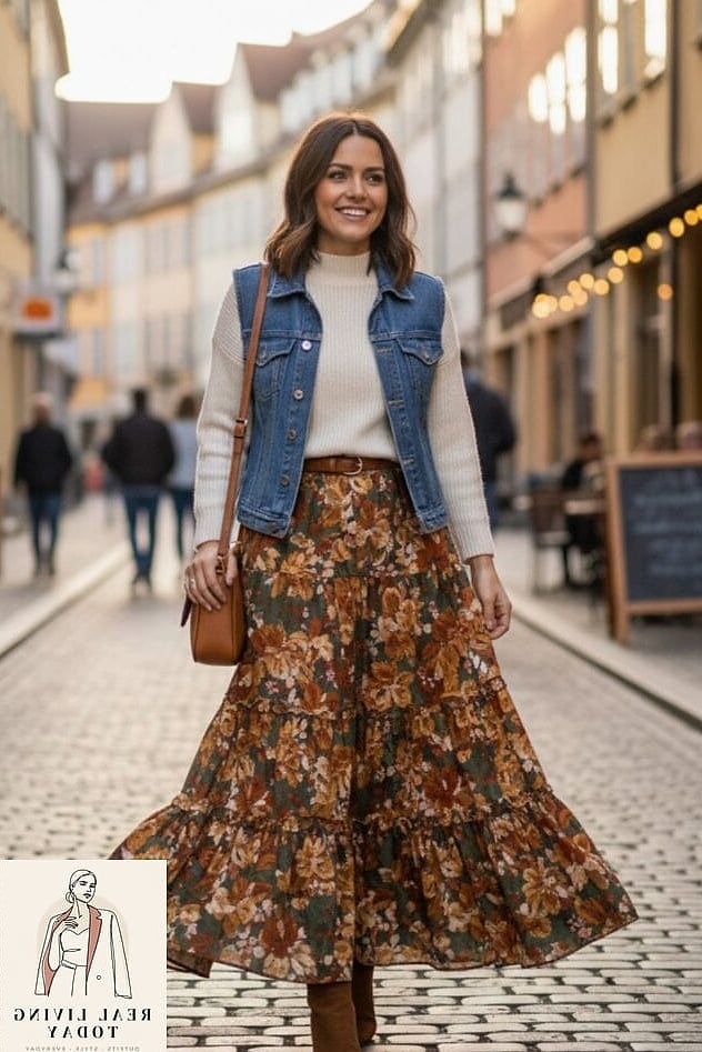 23 Floral Skirt Outfits You'll Want to Wear on Repeat 21 Floral Skirt With a Denim Vest