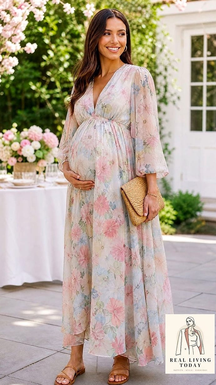 25 Chic Baby Shower Outfits for Guests That Are Totally On-Trend Right Now 8 Flowy Maxi Dress for Outdoor Showers