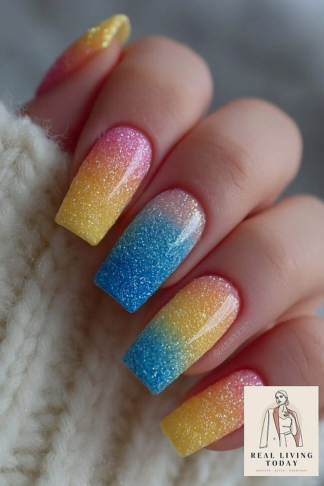22 Rainbow Press On Nails Ideas That Are Going Viral on Pinterest 5 Glitter Rainbow Ombre