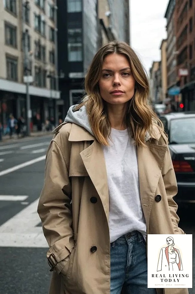 26 Coffee Date Outfit That Actually Look Amazing 19 The Hoodie and Trench Coat Layer