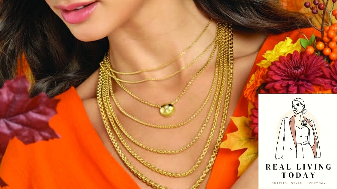 23 Womens Autumn Outfit That Are Going Viral on Pinterest 24 Layered Gold Jewelry with a Simple White Sweater
