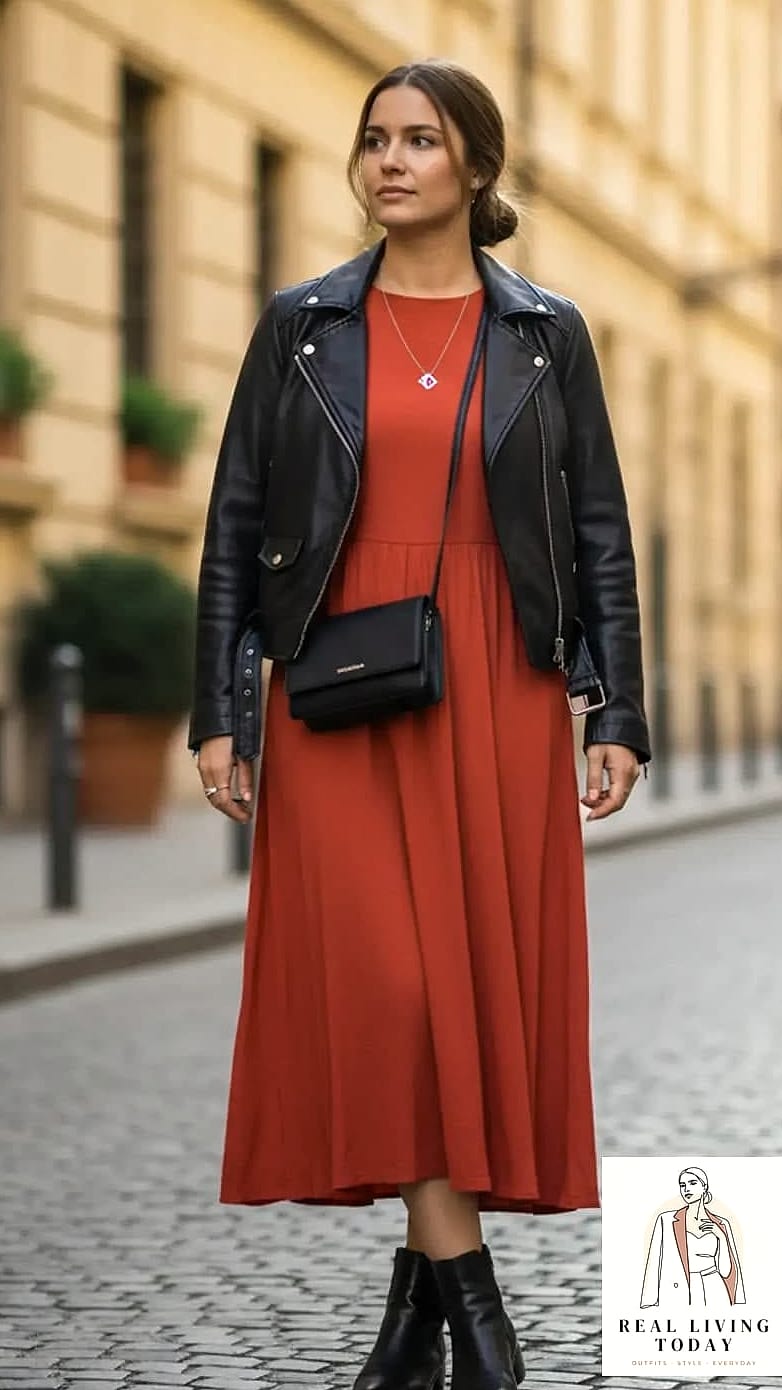 25 Fall Date Night Outfits for 2026 That Are Romantic and Incredibly Chic 23 Leather Jacket Over a Floral Dress