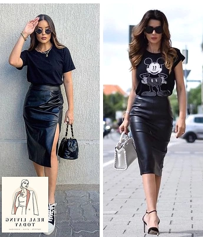 28 Edgy Work Outfits You'll Want to Wear on Repeat 8 Leather Pencil Skirt With an Oversized Sweater