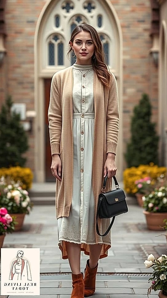 28 Church Outfit That Look Effortlessly Chic 28 The Long Cardigan Duster Over a Slip Dress