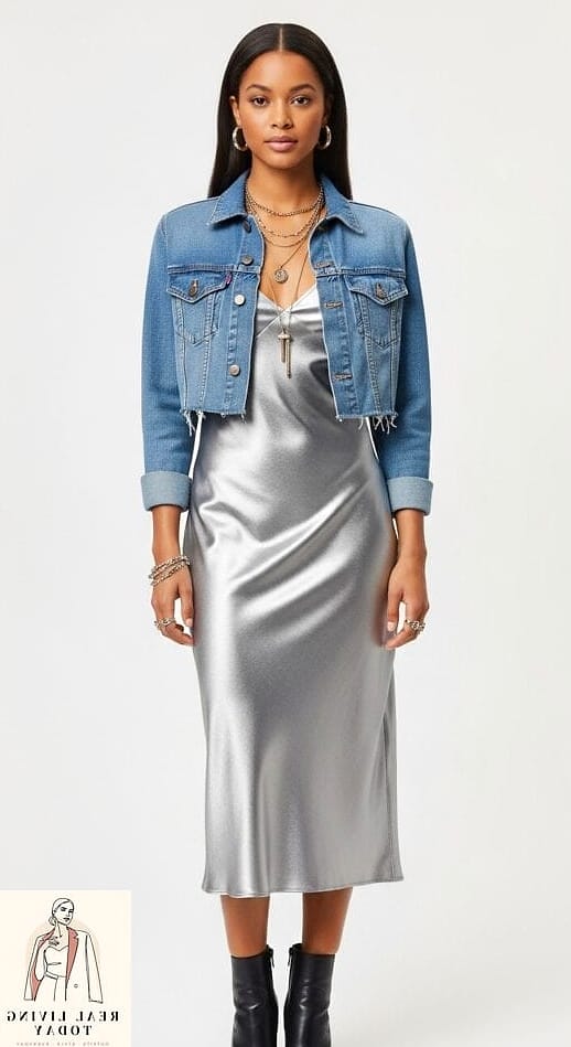 22 Pop Concert Outfit That Are Seriously Stylish Right Now 2 The Metallic Slip Dress and Sneakers Pairing