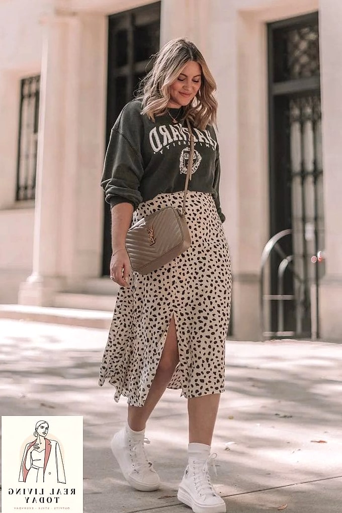 25 Ballet Sneakers Outfit That Will Elevate Any Wardrobe 7 Midi Skirt and Chunky Knit