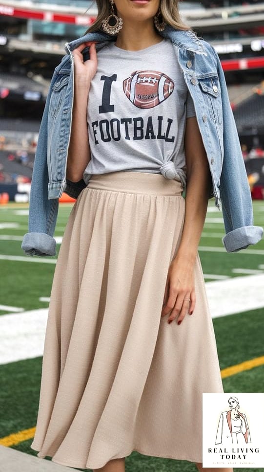 26 Football Game Outfit That Look Effortlessly Chic 25 Midi Skirt and Chunky Sweater