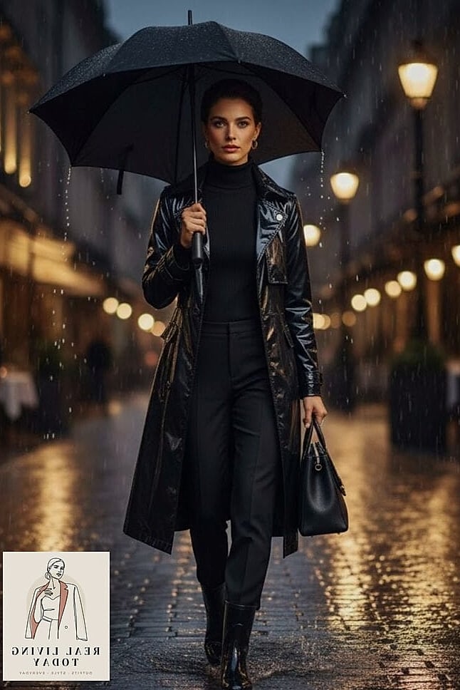 29 Rainy Day Outfit That Actually Look Amazing 6 The Monochrome Raincoat Moment