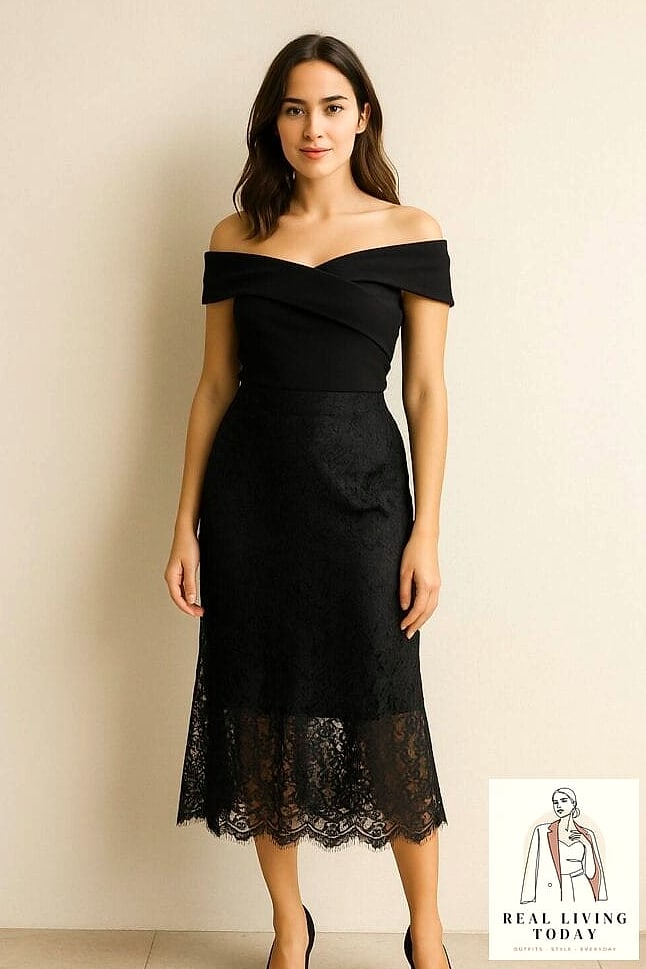 30 Outfits With Black Skirt That Are Seriously Stylish Right Now 16 Off-the-Shoulder Top and A-Line Skirt