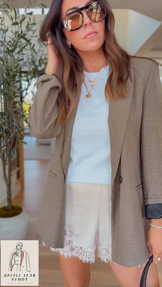 26 Satin Lace Shorts Outfit That Will Elevate Any Wardrobe 3 Oversized Blazer Over Bare Legs