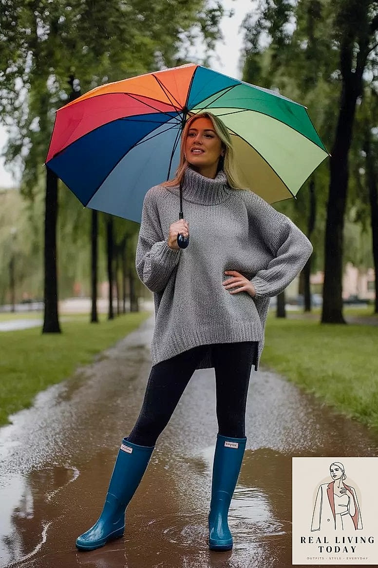 29 Rainy Day Outfit That Actually Look Amazing 18 Oversized Sweater Dress with Rain Boots
