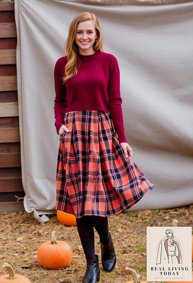 22 Cute Pumpkin Patch Outfit Ideas That Are Cozy and So Instagram-Worthy 7 Plaid Skirt and Tights Combo