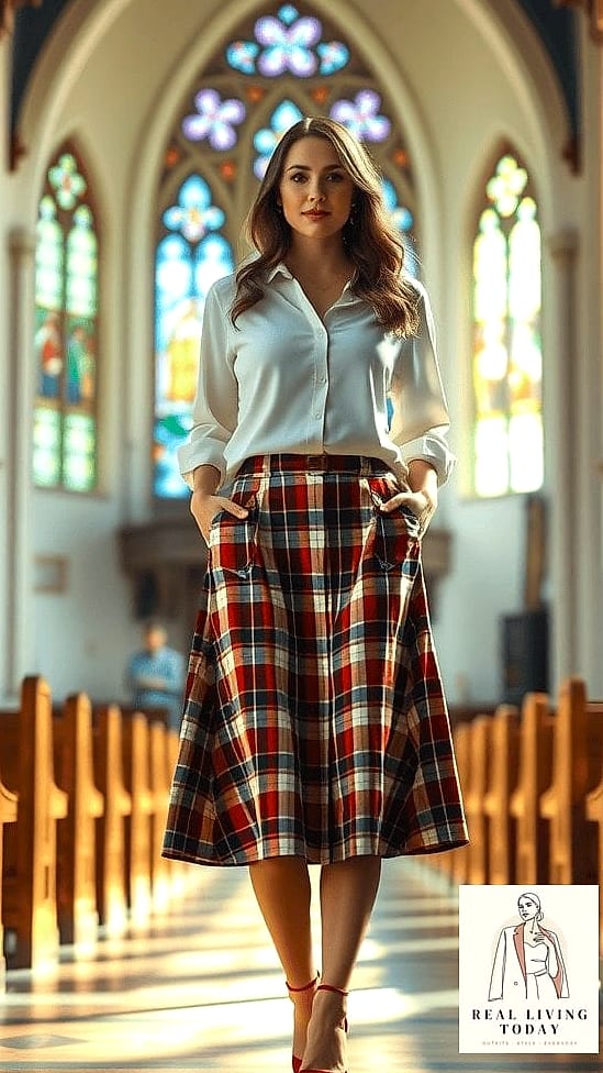 28 Church Outfit That Look Effortlessly Chic 11 A Plaid Skirt with a Fitted Sweater