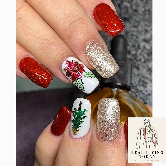 28 Holiday Press On Nails And Manicure Ideas Worth Bookmarking Right Now 11 Poinsettia Accent Nail Art