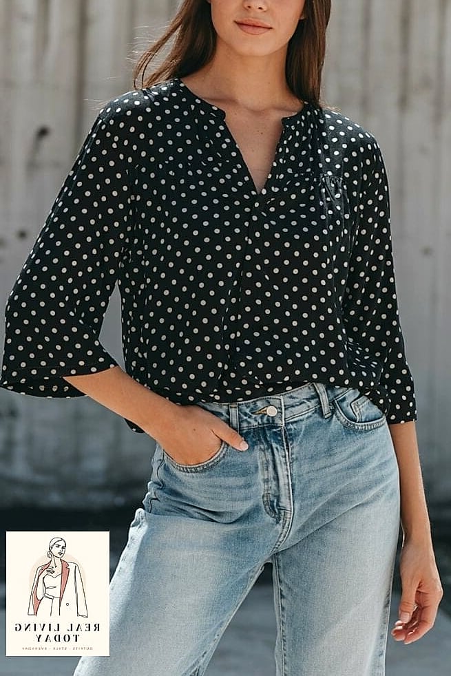 28 Polka Dot Outfit Trend Going Viral Right Now 3 Polka Dot Blouse Tucked Into Wide-Leg Trousers