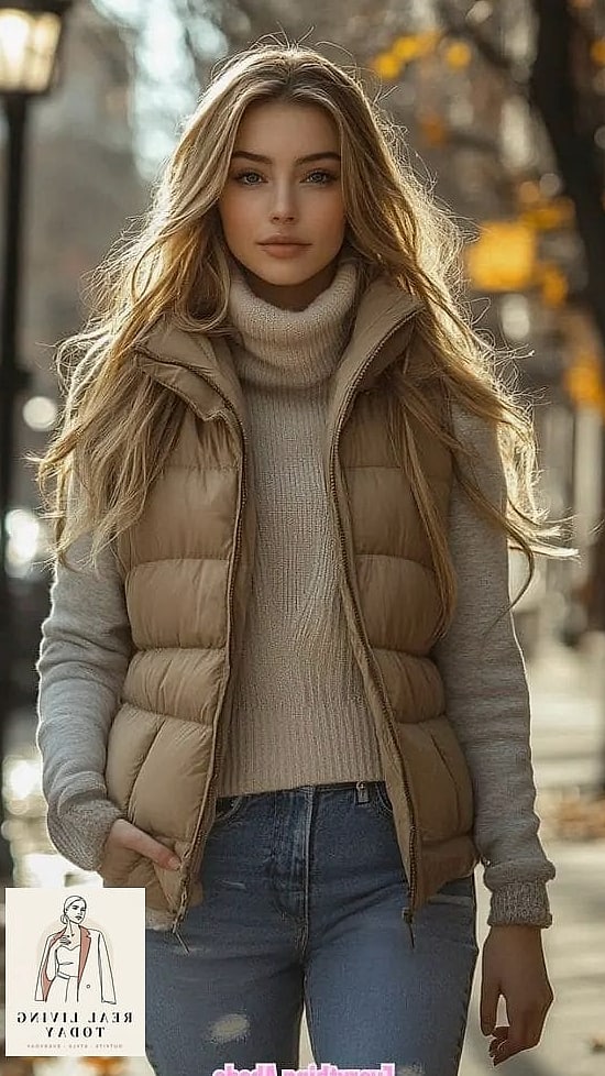 23 Fall Brunch Outfit That Look Effortlessly Chic 24 Puffer Vest Over a Button-Down